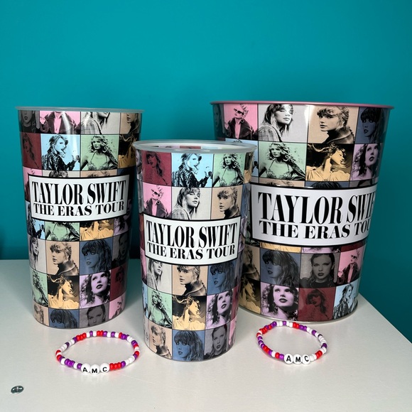 AMC Exclusive Taylor Swift Eras Tour Metal Pink Popcorn Tin Cups & Bracelet New - Picture 1 of 7
